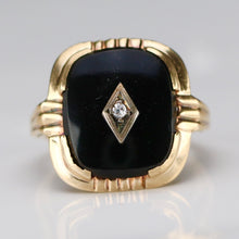 Load image into Gallery viewer, Vintage cushion cut onyx and diamond ring in yellow gold