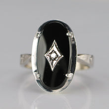 Load image into Gallery viewer, Oval onyx and diamond vintage ring in white gold from Manor Jewels.