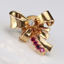 Load image into Gallery viewer, Mid century bow pin with diamond and lab grown rubies in 14 k yellow gold