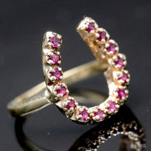 Load image into Gallery viewer, Vintage ring with synthetic rubies in a horseshoe shape in yellow gold