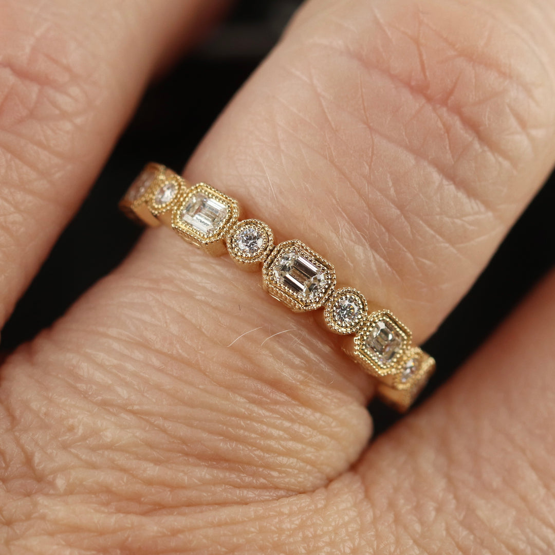 SALE!!  Emerald cut and round Diamond band in 14k yellow gold