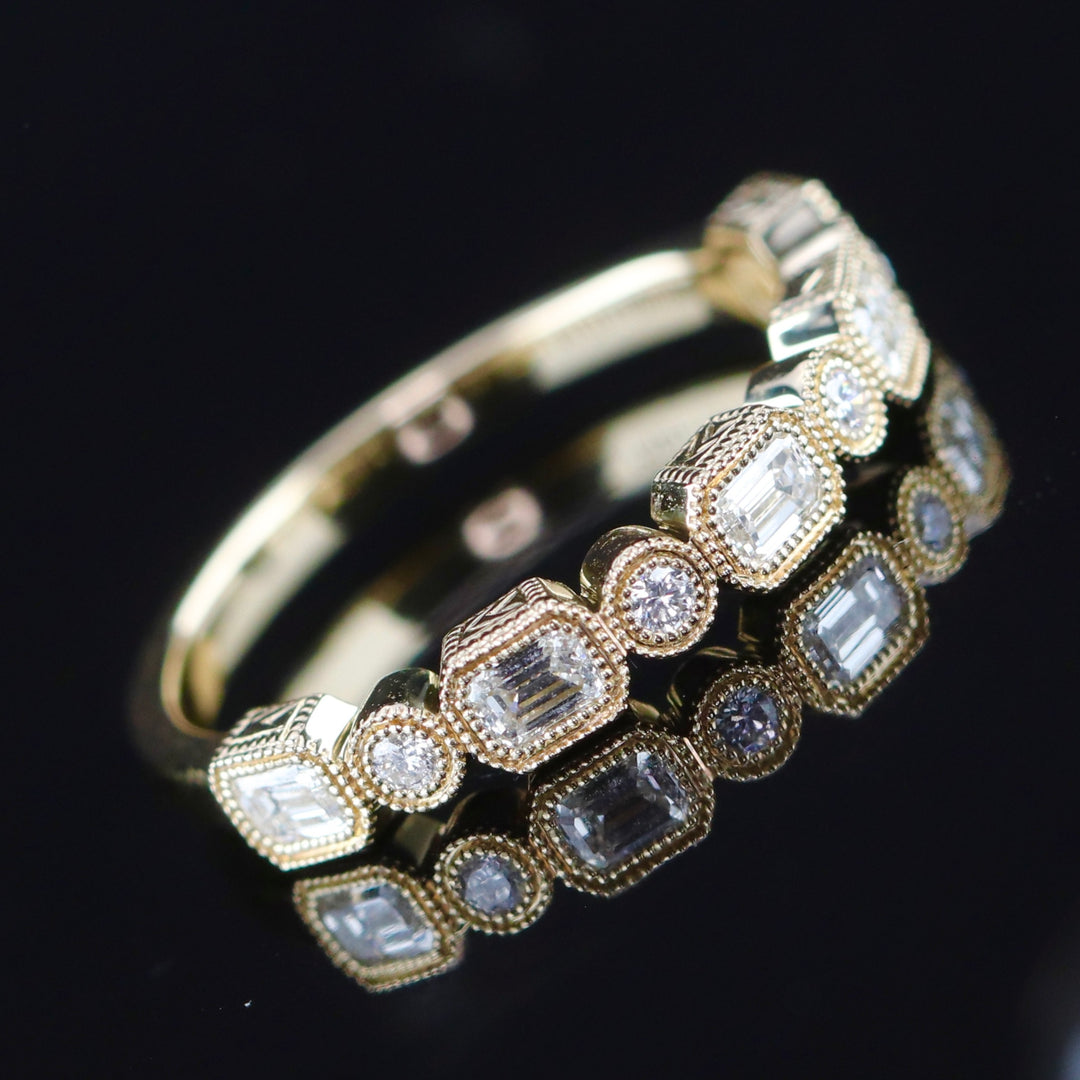 SALE!!  Emerald cut and round Diamond band in 14k yellow gold