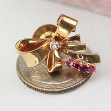 Load image into Gallery viewer, Mid century bow pin with diamond and lab grown rubies in 14 k yellow gold