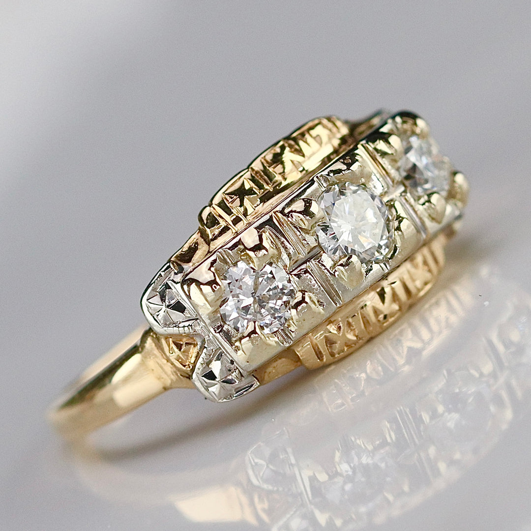 Transitional cut vintage 3 stone diamond band in 14k