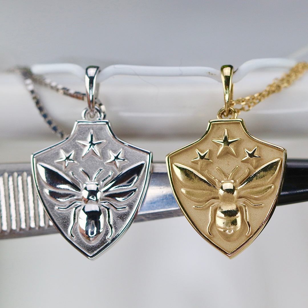 Bee shield necklaces in your choice of 14k yellow or white gold