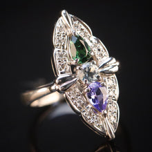 Load image into Gallery viewer, Estate platinum navette ring with diamonds, aquamarine, tanzanite, and tourmaline in platinum from Manor Jewels