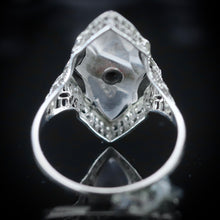 Load image into Gallery viewer, Vintage ring with onyx and rock crystal in 14k white gold filigree from Manor Jewels.