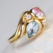 Load image into Gallery viewer, Lab grown pink sapphire and blue spinel in stunning setting of 14k gold