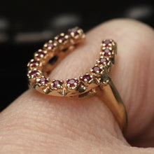 Load image into Gallery viewer, Vintage ring with synthetic rubies in a horseshoe shape in yellow gold