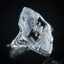 Load image into Gallery viewer, Vintage ring with onyx and rock crystal in 14k white gold filigree from Manor Jewels.