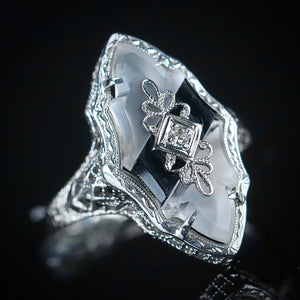 Vintage ring with onyx and rock crystal in 14k white gold filigree from Manor Jewels.