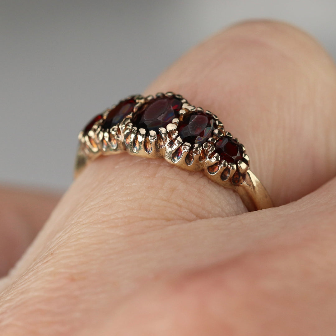 Vintage Garnet 5 stone band in yellow gold