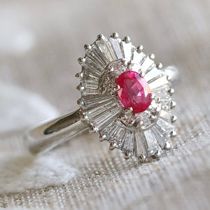 Estate ruby and diamond ballerina style ring in platinum