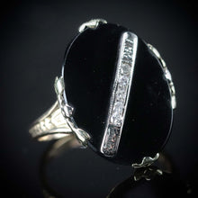 Load image into Gallery viewer, Oval vintage black onyx and diamond ring in yellow gold ring By Manor Jewels