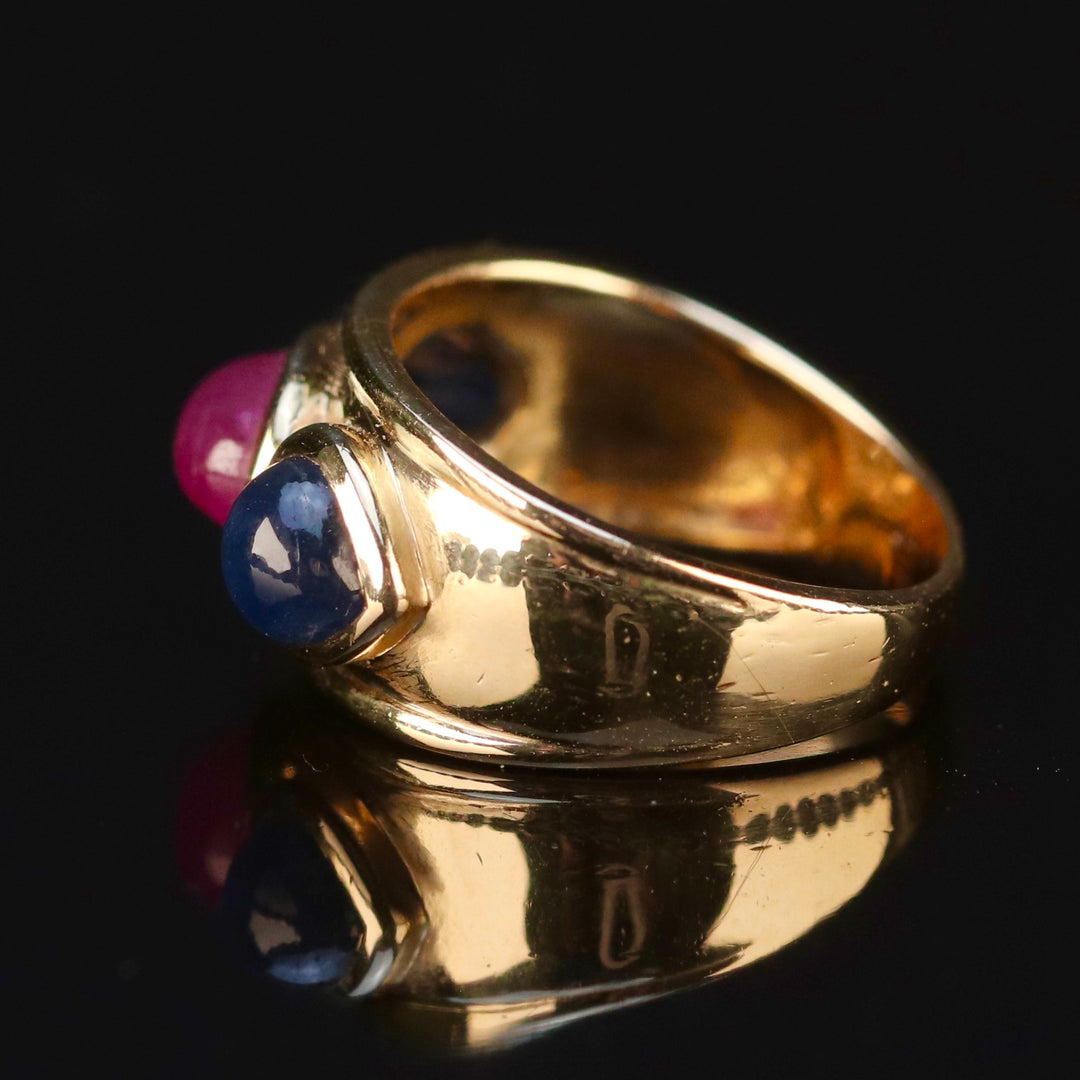 Etruscan style lab grown ruby and sapphire ring in 14k yellow gold