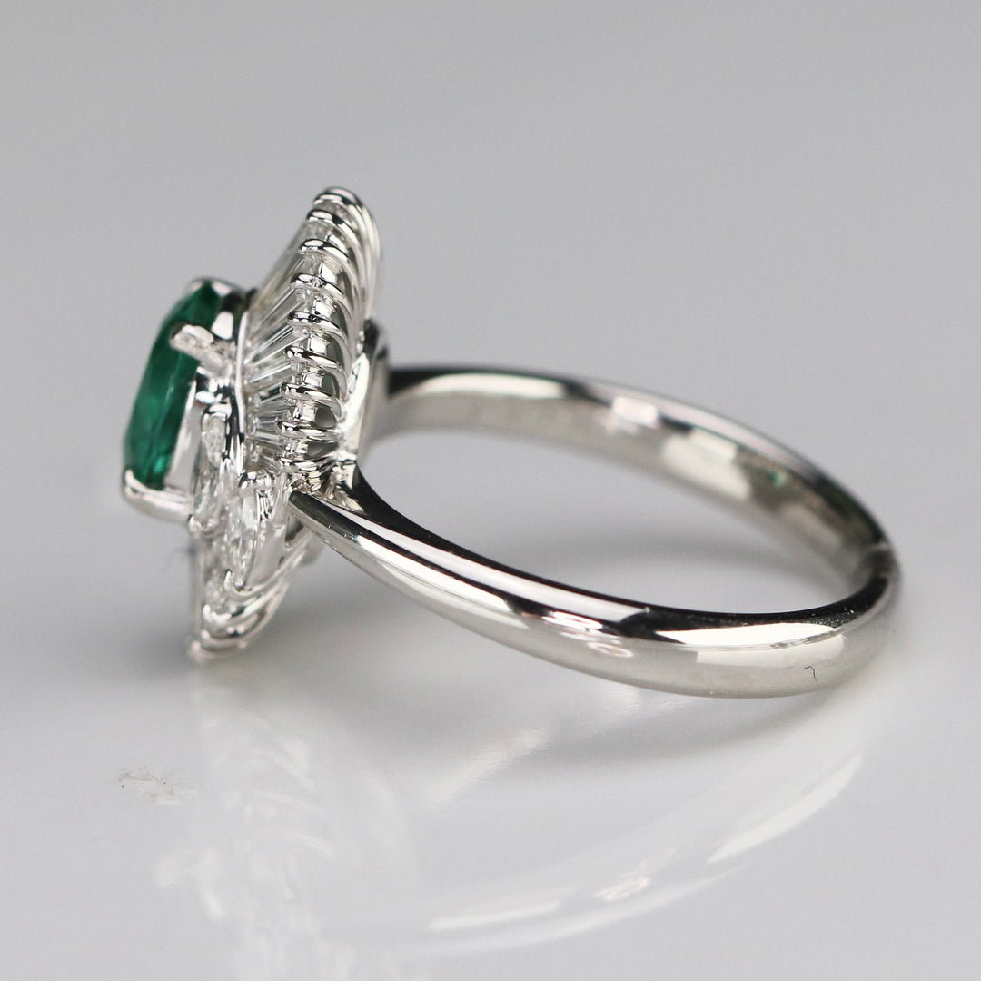 Estate Emerald and diamond ballerina style ring in platinum