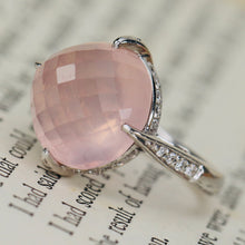 Load image into Gallery viewer, Checkerboard dome rose quartz and diamond ring in 18k white gold