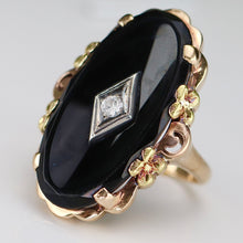 Load image into Gallery viewer, Large oval vintage black onyx and diamond ring in rose, green, and yellow gold ring