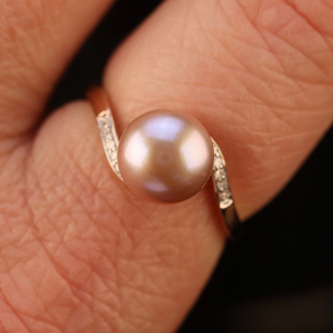 Pink pearl and diamond ring in 14k rose gold