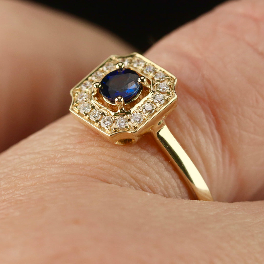 SALE!  Sapphire and diamond halo ring in 14k yellow gold