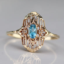 Load image into Gallery viewer, Vintage blue topaz and diamond plaque ring in yellow gold