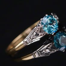 Load image into Gallery viewer, Vintage blue zircon ring in yellow and white gold from Manor Jewels