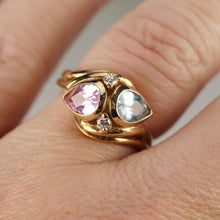 Load image into Gallery viewer, Lab grown pink sapphire and blue spinel in stunning setting of 14k gold