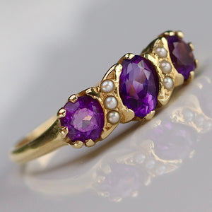 Vintage amethyst and seed pearl ring in 14k yellow gold