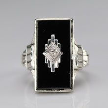 Load image into Gallery viewer, Art Deco oblong onyx and diamond vintage ring in 14k white gold