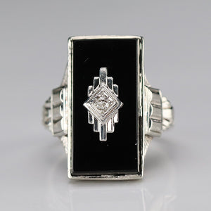 Art Deco oblong onyx and diamond vintage ring in 14k white gold