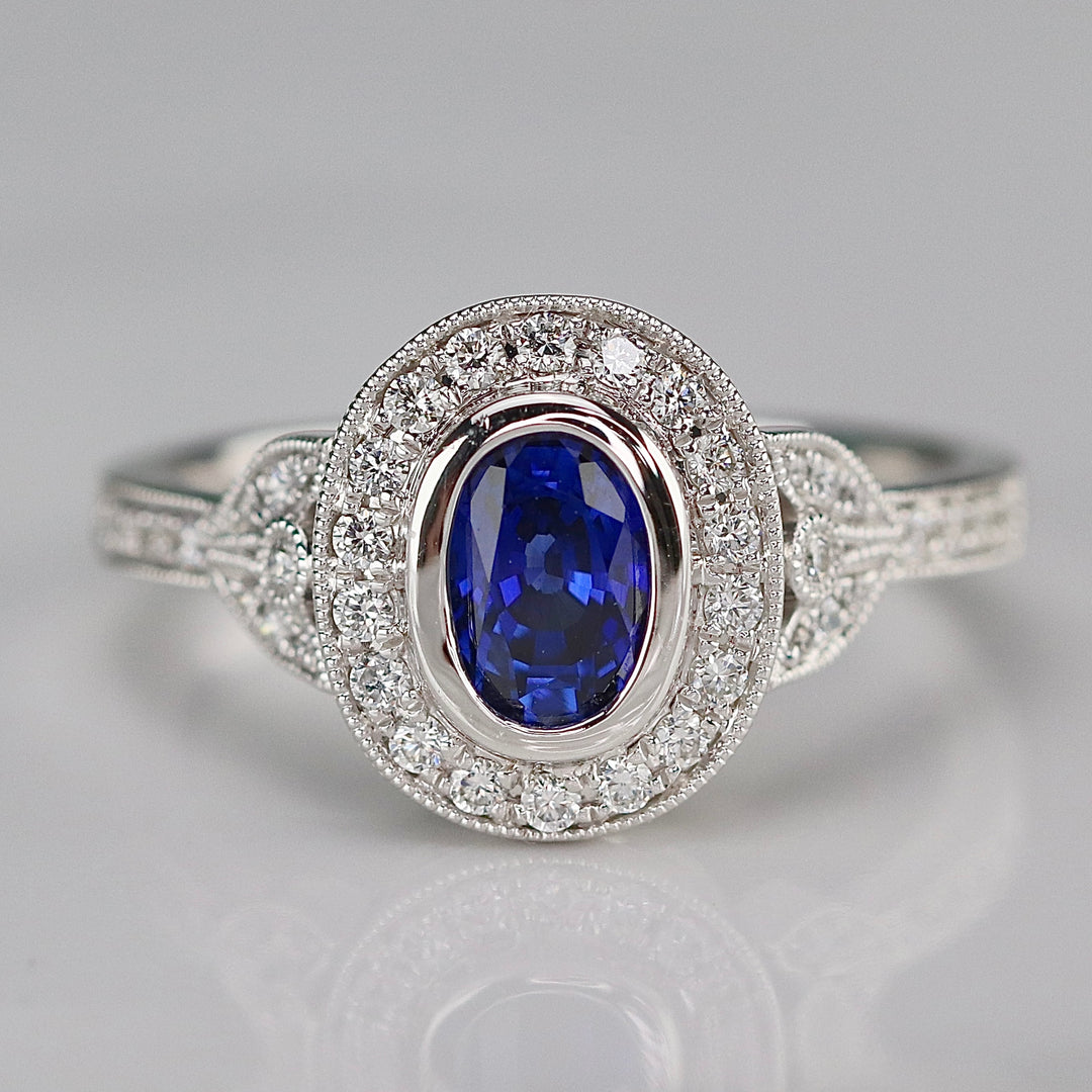 SALE!!  Sapphire and diamond ring in 14k white gold