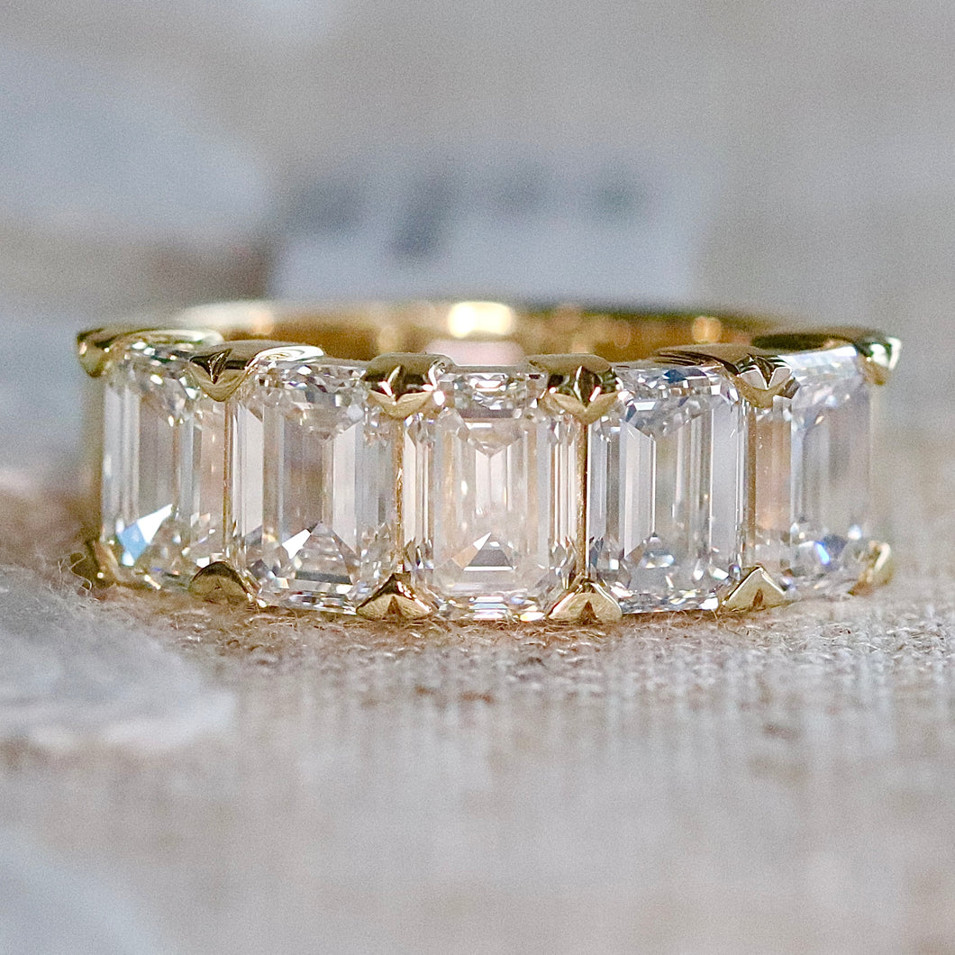 MANOR ROYAL: The Elizabeth ring - Lab grown 4.675ctw 5 stone emerald cut diamond band ring in 14k yellow gold