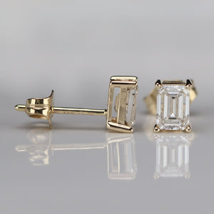 1ctw emerald cut Lab Grown Diamond studs in 14k yellow gold