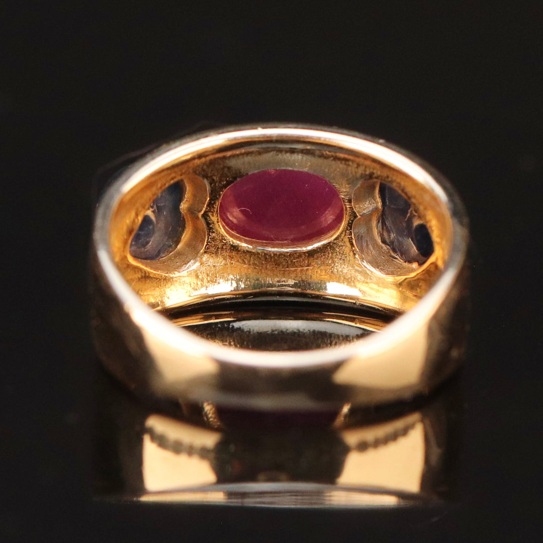 Etruscan style lab grown ruby and sapphire ring in 14k yellow gold