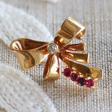 Load image into Gallery viewer, Mid century bow pin with diamond and lab grown rubies in 14 k yellow gold