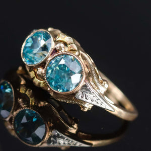 Vintage double blue zircon ring in yellow gold