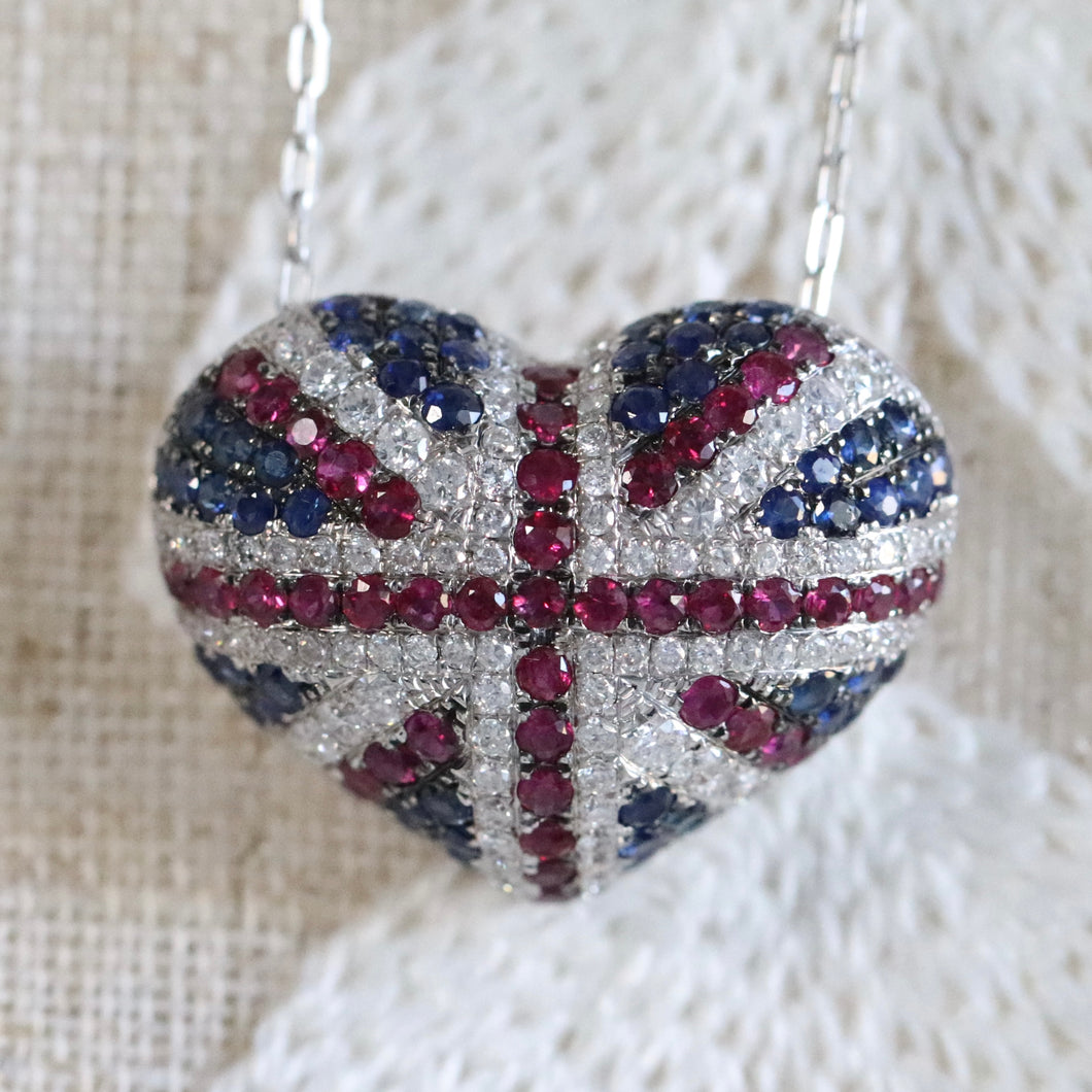 Union Jack heart sapphire, ruby & Diamond necklace in 18k white gold