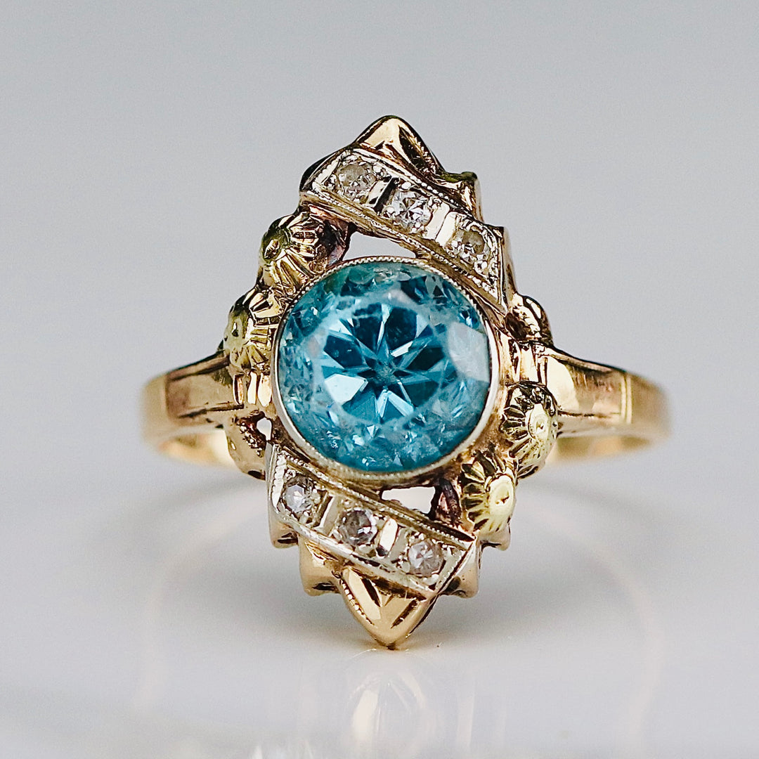 Vintage Blue zircon and diamond ring in 14K yellow gold