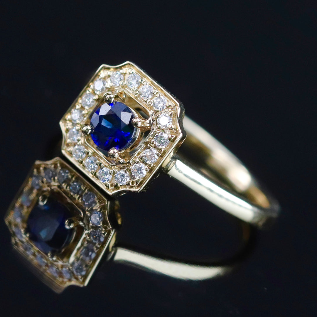 SALE!  Sapphire and diamond halo ring in 14k yellow gold