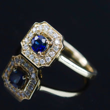 Load image into Gallery viewer, Sapphire and diamond halo ring in 14k yellow gold