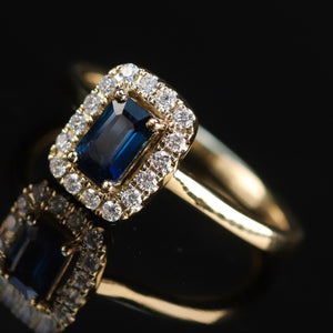 Sapphire and diamond halo ring in 14k yellow gold