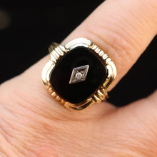 Load image into Gallery viewer, Vintage cushion cut onyx and diamond ring in yellow gold