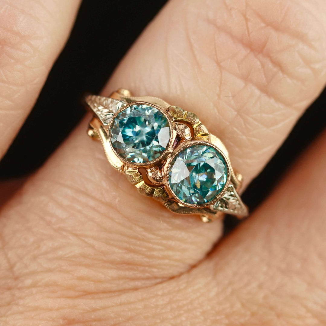 Vintage double blue zircon ring in yellow gold