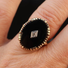 Load image into Gallery viewer, Large oval vintage black onyx and diamond ring in yellow gold ring