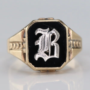 Ostby Barton vintage onyx B ring in yellow gold