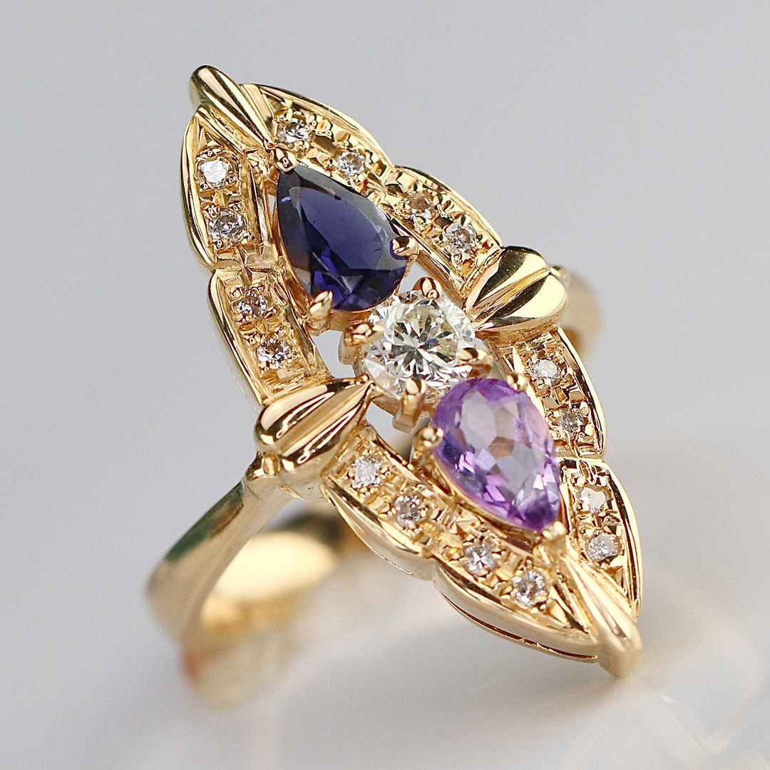 18k yellow gold multi gemstone navette ring