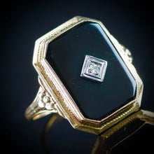 Load image into Gallery viewer, Vintage onyx and diamond ring in yellow gold