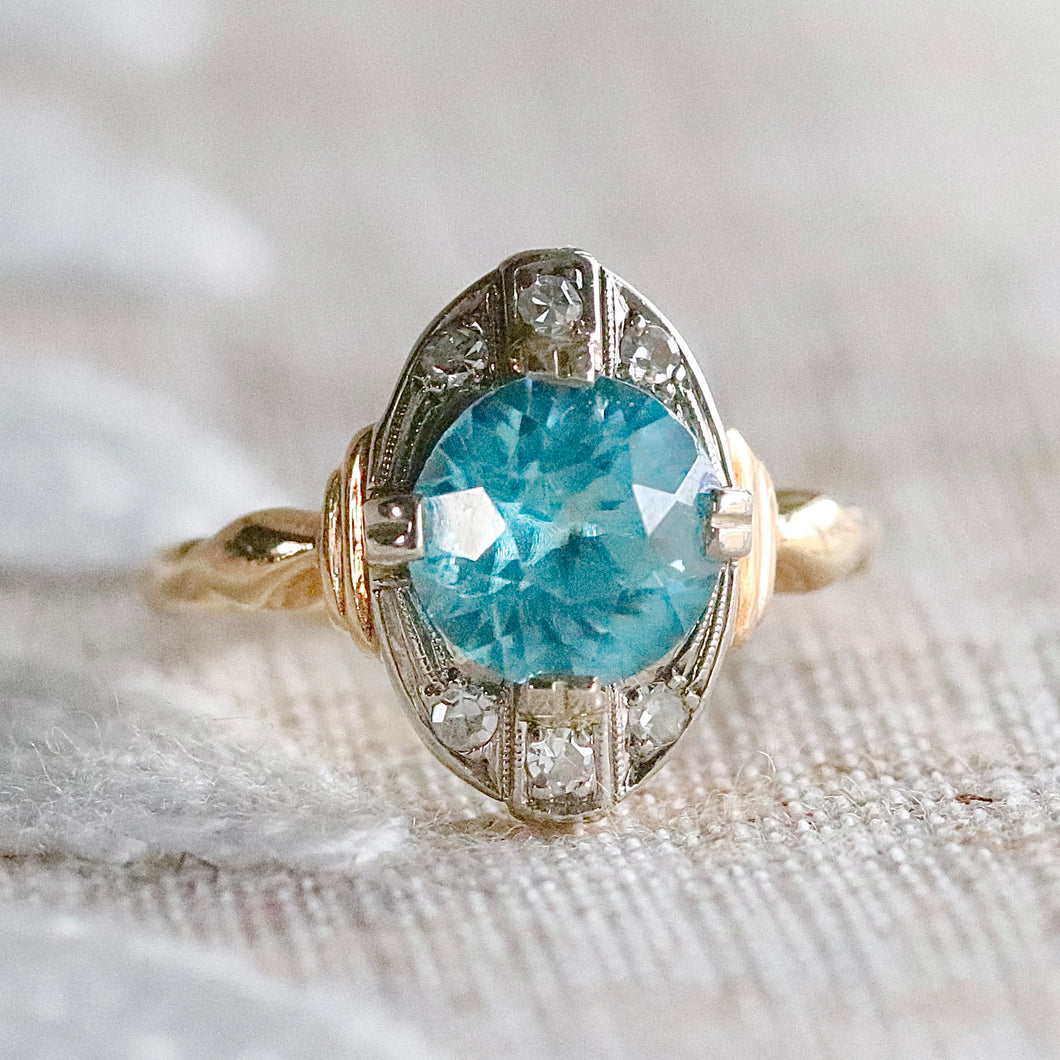 Vintage Blue zircon and diamond ring in yellow gold