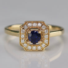 Load image into Gallery viewer, Sapphire and diamond halo ring in 14k yellow gold