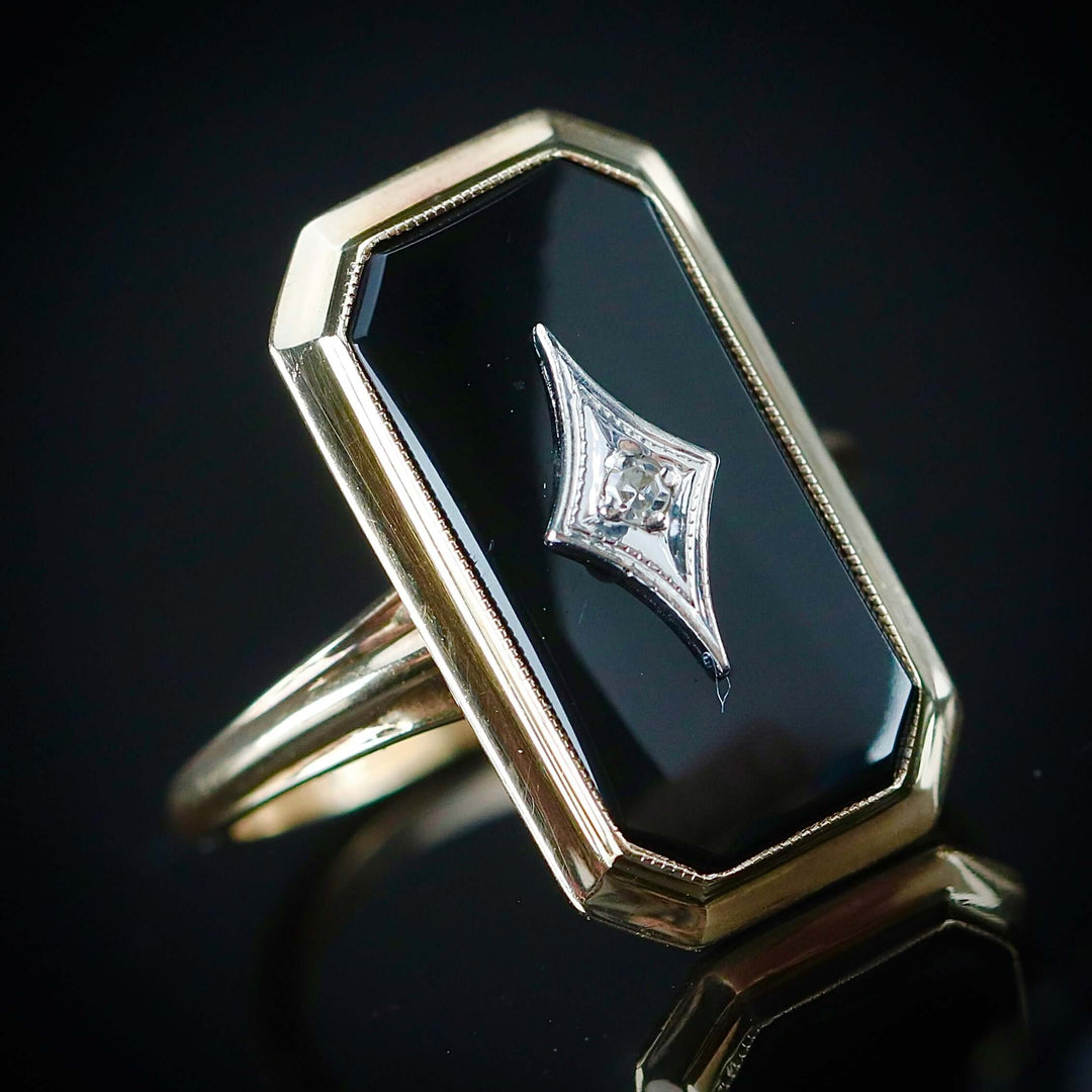 MEGA SALE!  Vintage onyx and diamond ring in yellow gold
